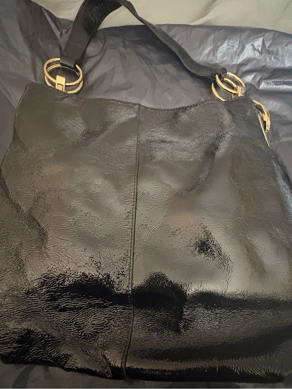 Black Patent Leather Hobo Bag with Gold Hardware